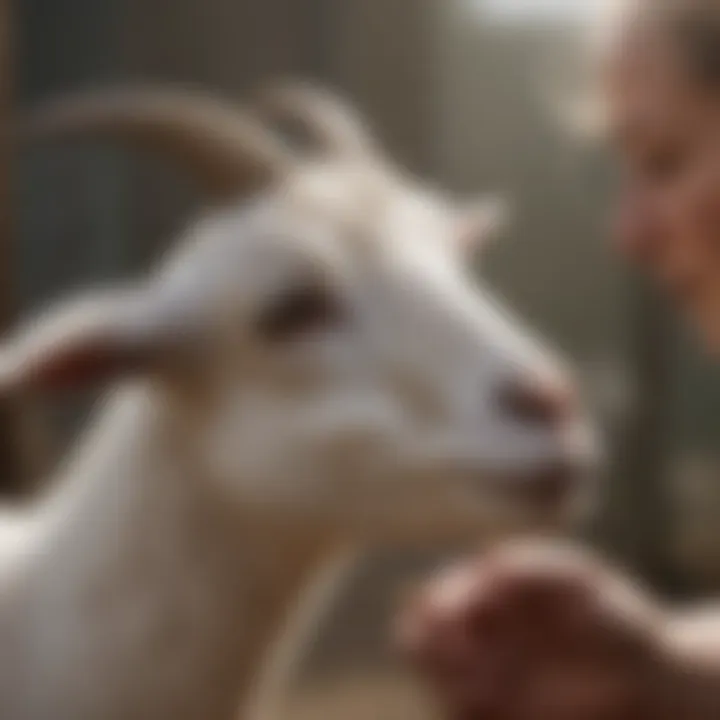 Close-up of a goat being gently cared for