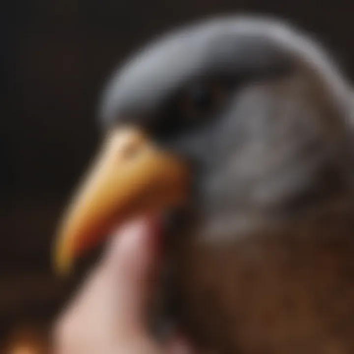 A close-up of a bird being gently handled