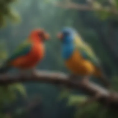 A colorful array of pet birds perched on a branch