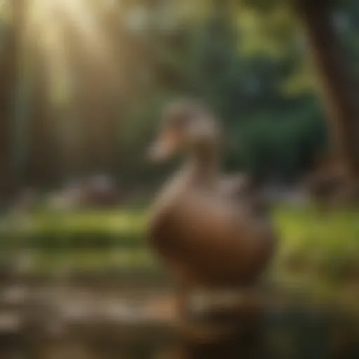 Diverse duck breeds in a lush farm setting