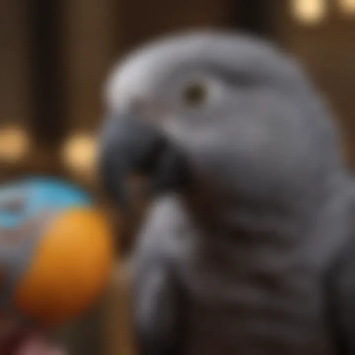 Close-up of an African Gray Parrot interacting with a toy