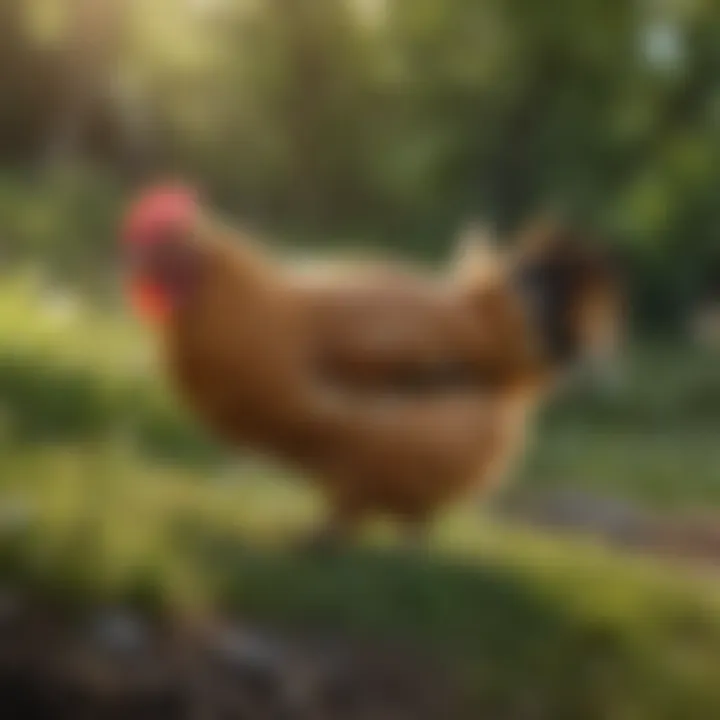 A healthy chicken roaming in a green pasture