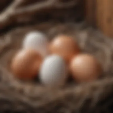 Fresh eggs in a nesting box Close-up of eggs in a nest