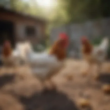 Chickens pecking around in a free-range setting