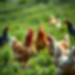 Free range chickens roaming in a lush green pasture