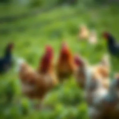 Free range chickens roaming in a lush green pasture