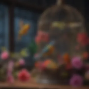Colorful bird cage adorned with floral patterns