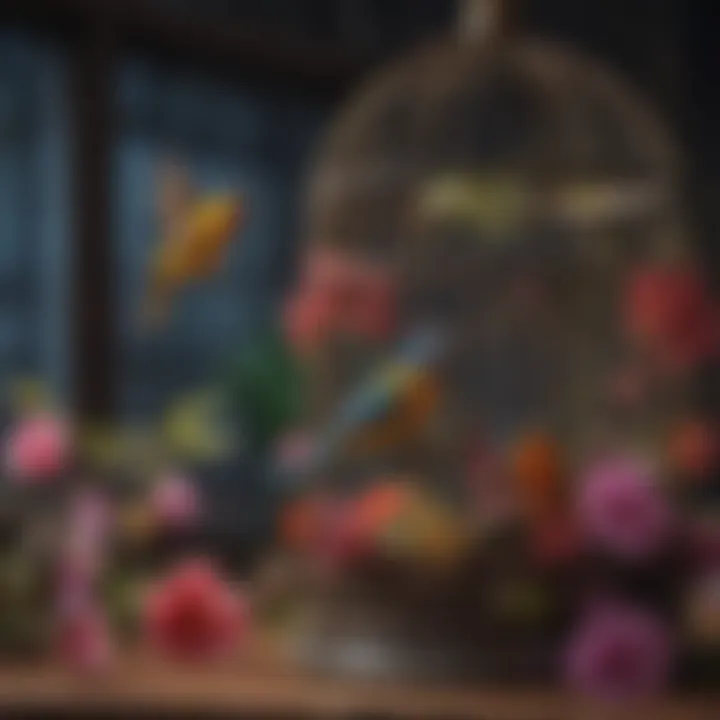 Colorful bird cage adorned with floral patterns