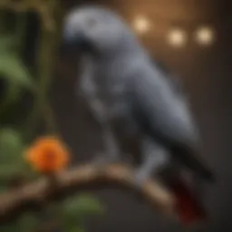 A vibrant African Grey parrot perched elegantly on a branch, showcasing its stunning plumage.