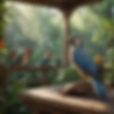 A serene aviary environment depicting the peaceful coexistence of various female birds