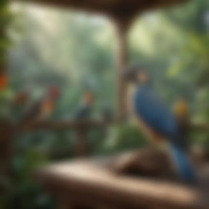 A serene aviary environment depicting the peaceful coexistence of various female birds