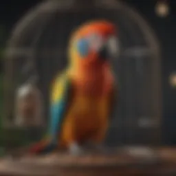 Colorful parrot perched on a stylish cage with seed catcher