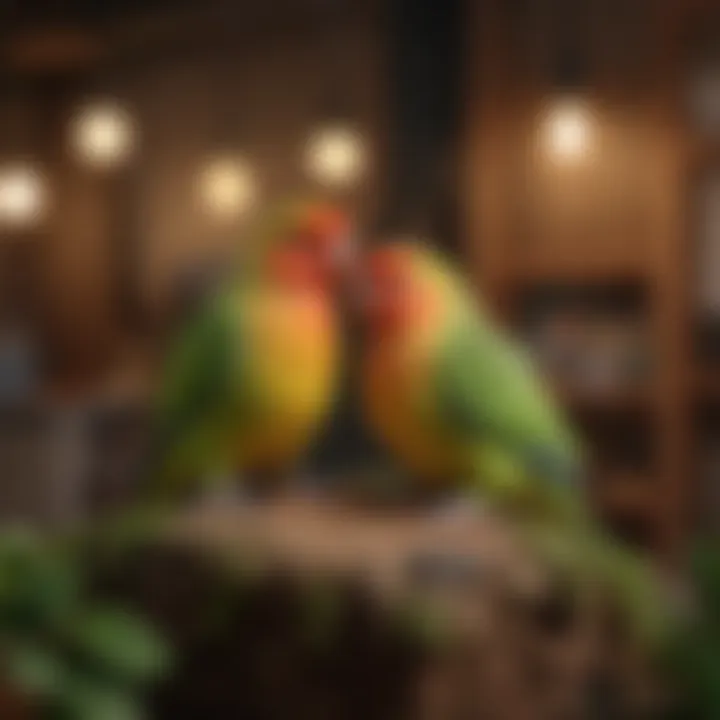 A well-maintained lovebird habitat, highlighting essential features for a healthy environment.