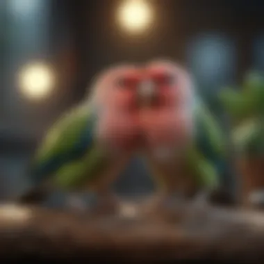 Two lovebirds interacting playfully, demonstrating their social nature and bonding.