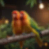 A vibrant lovebird perched on a branch, showcasing its colorful feathers and curious demeanor.