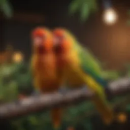 A vibrant lovebird perched on a branch, showcasing its colorful feathers and curious demeanor.