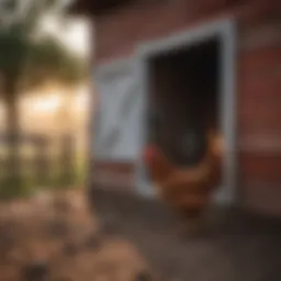 An automatic chicken coop door in action during sunrise