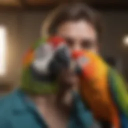 A vibrant parrot perched on a veterinarian's shoulder during a consultation