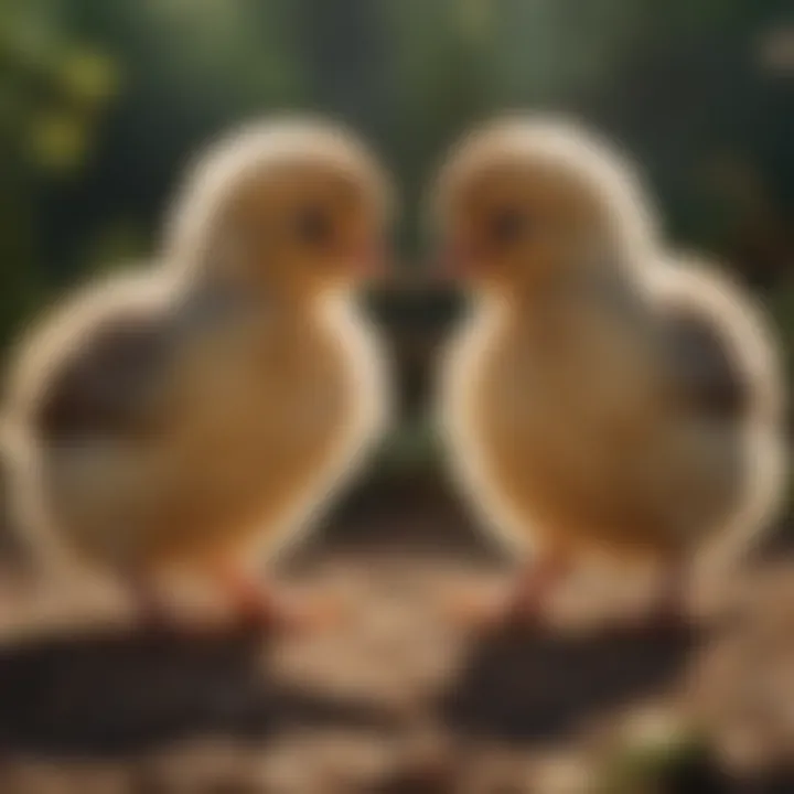 Bantam chicks interacting in a natural environment, showcasing behavioral traits