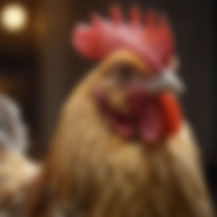 Close-up of a bantam chicken perched elegantly, highlighting its distinct characteristics and feather patterns.