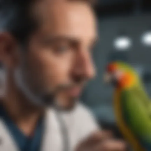 Avian veterinarian examining a parrot in a clinical setting