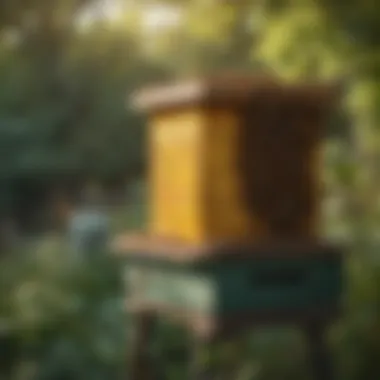 A seasonal view of a beehive in a garden setting.