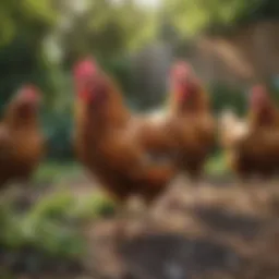 Diverse chicken breeds in a lush backyard setting