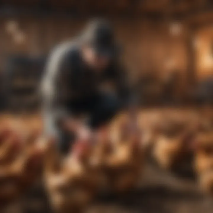 A farmer inspecting healthy chickens in a free-range setting