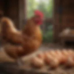 A vibrant hen laying eggs in a tranquil coop