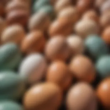 Close-up of various eggs showcasing different colors and textures