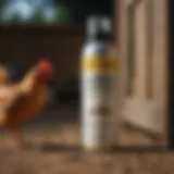 A bottle of natural fly spray formulated for chicken coops in a farm setting