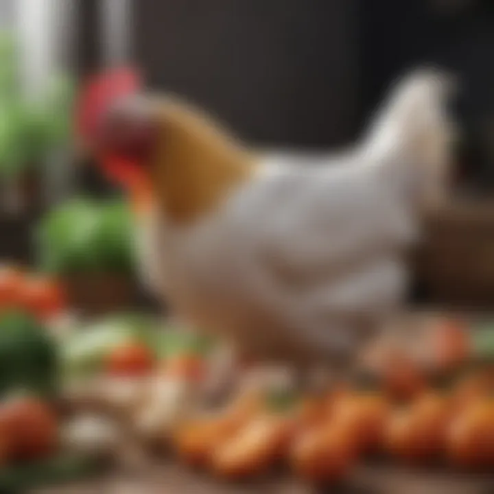 A healthy bantam chicken pecking at fresh vegetables