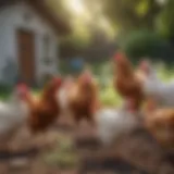 A vibrant display of various meat chicken breeds in a lush backyard setting.