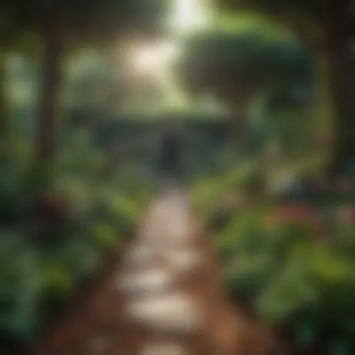 A lush organic garden showcasing diverse plants and a vibrant ecosystem