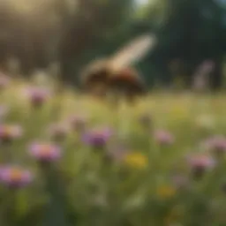 A vibrant meadow filled with flowering plants that attract bees.
