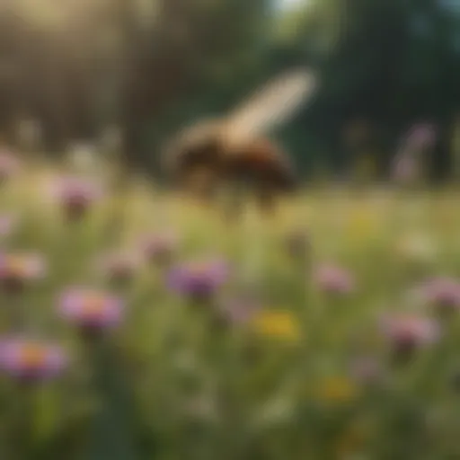 A vibrant meadow filled with flowering plants that attract bees.