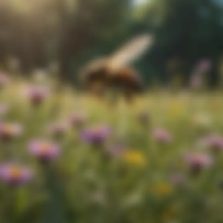 A vibrant meadow filled with flowering plants that attract bees.