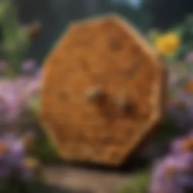 A honeycomb with bees working diligently, surrounded by flowers.