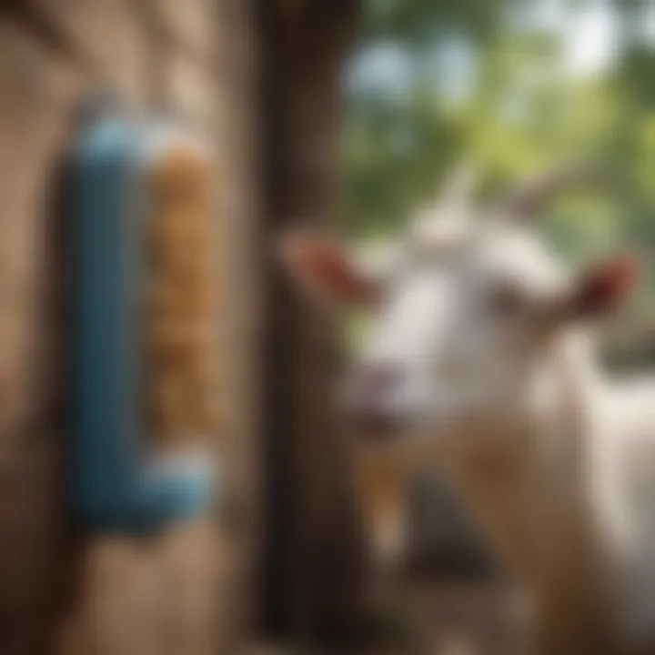 Goat enjoying a hanging treat dispenser