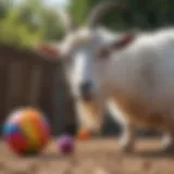 Goat playing with a colorful ball toy