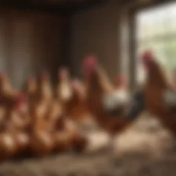 Diverse breeds of laying hens in a sunny coop