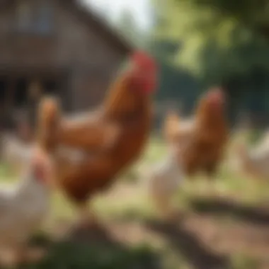 Free-range chickens enjoying a sunny day outdoors