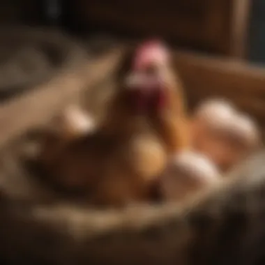 Close-up of a hen laying eggs in a cozy nesting box