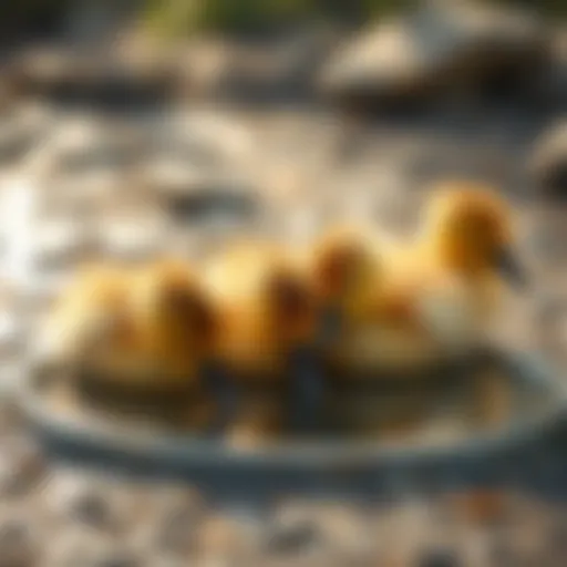 Ducklings drinking from a shallow water dish