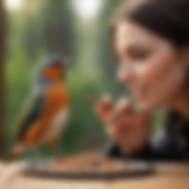 Pet owner offering a food stick to a bird, demonstrating proper feeding technique