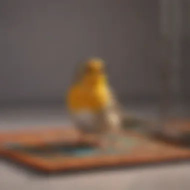 Bird perched happily on a clean, colorful mat inside its cage