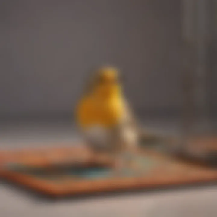 Bird perched happily on a clean, colorful mat inside its cage