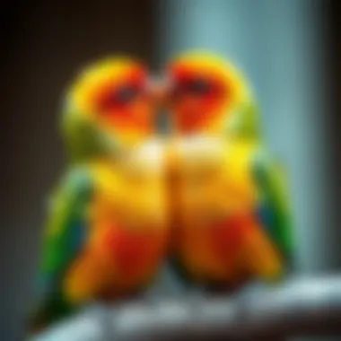 A vibrant lovebird duo nestled together, representing affection and companionship