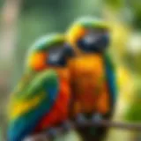A pair of colorful parrots perched together, demonstrating their bond