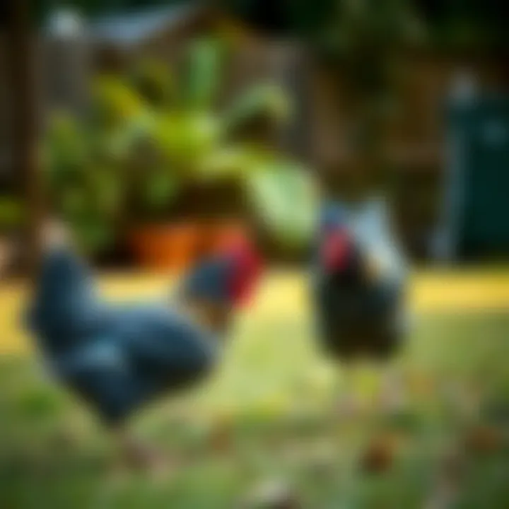 Blue Wyandottes interacting in a backyard environment, demonstrating their sociable nature.
